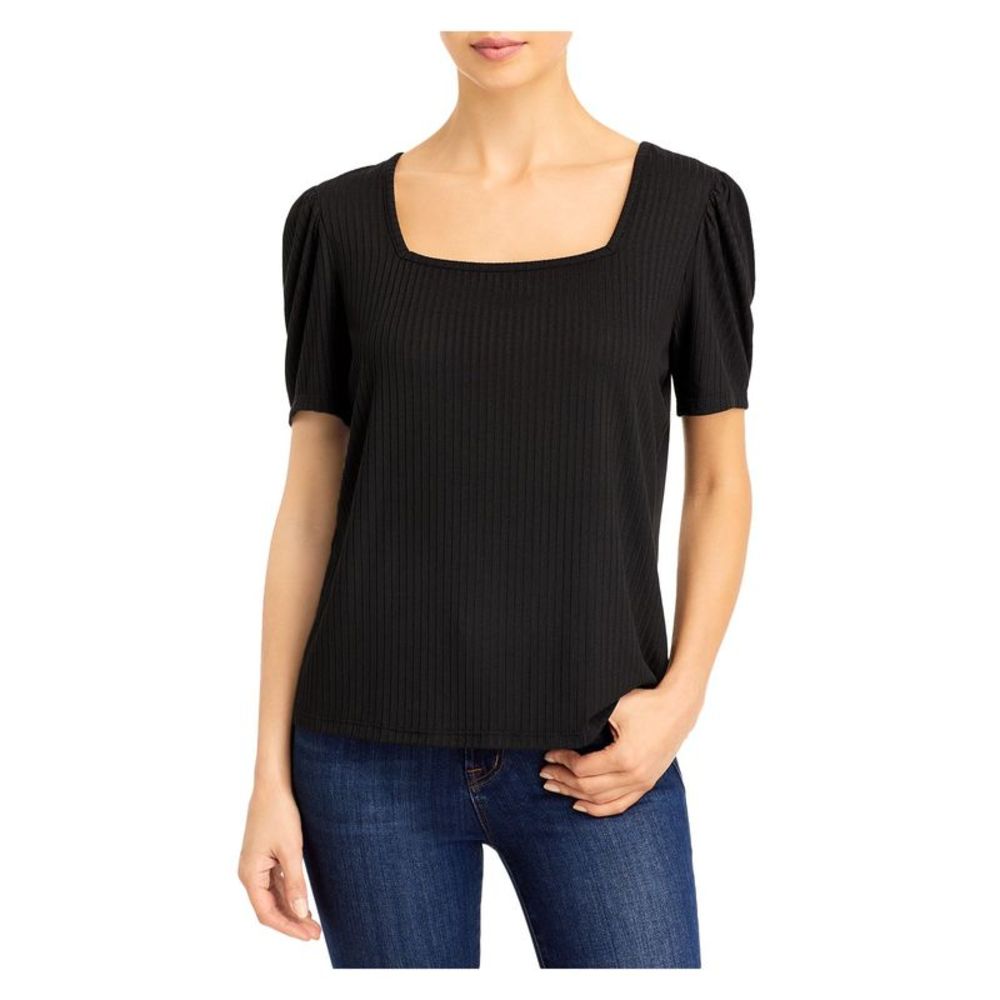 K & C Womens Black Ribbed Puffed-sleeve Short Sleeve Square Neck Top M